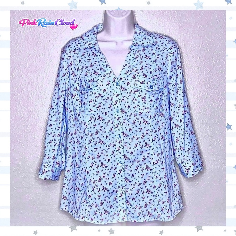 A.N.A. Blue Floral 90s Cotton V-Neck Button Up Top Women’s Medium
